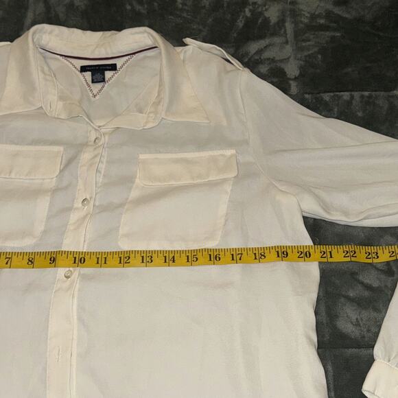 Tommy Hilfiger Shirt Women's Large Off-White Chest Pockets Long Sleeve Button-Up - Picture 5 of 7